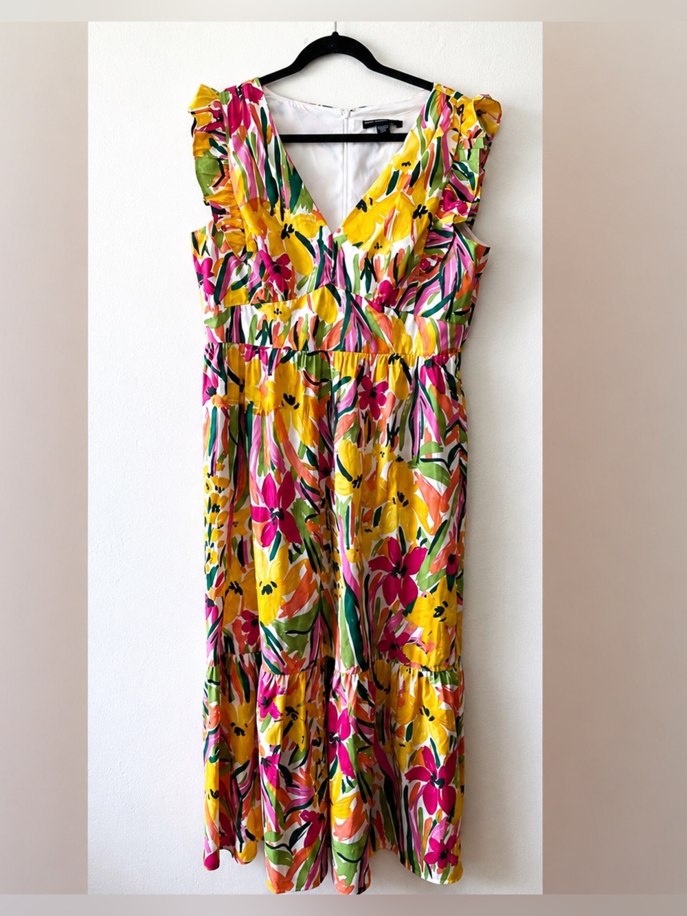 Maggy London Floral Midi Dress Size 14 Ruffle Sleeves Yellow Pink ⭐